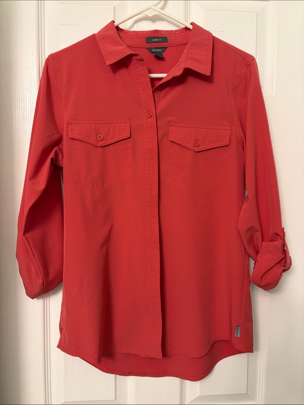Eddie Bauer Coral-Red Button Front Shirt with Roll-Tab Sleeves